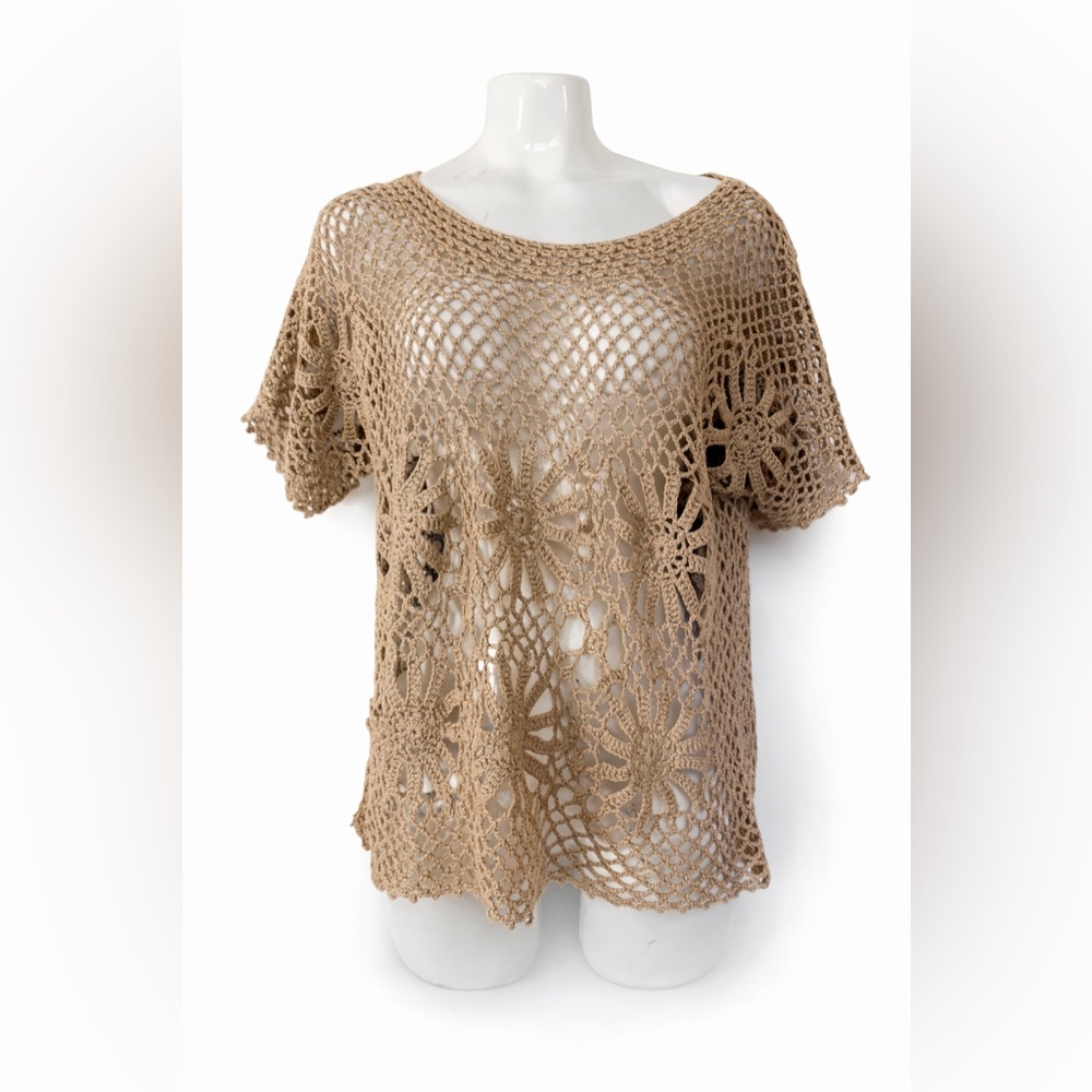 Crochet style top hippy boho cottagecore beige top size M